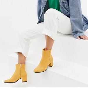 Monki faux suede heeled ankle boots in yellow